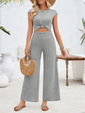 woloong Tied Solid Color Knot Hollow Backless Wide Pants Sleeveless Round-Neck Jumpsuits