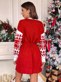 Long Sleeve Mini Dress, Letter Pattern Drawstring Waist Knitted Elegant Crew Neck Dress for Fall & Spring, Women's Clothing