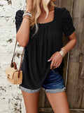woloong Solid Color Pleated Hollow Short Sleeves Loose Square-Neck T-Shirts Tops