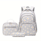 3pcs Cute Daisy Pattern School Bag Set - Adjustable, Lightweight, Water-Resistant Backpack, Handheld Bag, Pencil Case - Black, Polyester Lining, Zipper Closure, Perfect for College, Easy Hand Wash