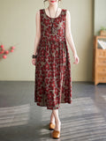 woloong Floral Printed Drawstring Sleeveless Oversize Round-neck Midi Dresses