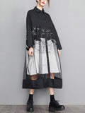 woloong Split-Joint Printed Gauze Buttoned Loose Long Sleeves Lapel Midi Dresses