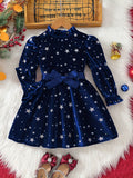 1pc Elegant Star Print Velvet Dress for Girls, Crew Neck Long Sleeve Knee-Length Dress with Ruffle Detail and Belt, Polyester Knit Fabric, Regular Fit for Spring/Fall - with Slight Stretch