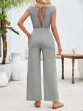 woloong Tied Solid Color Knot Hollow Backless Wide Pants Sleeveless Round-Neck Jumpsuits