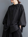 woloong Solid Color Pleated Hollow Buttoned Puff Sleeves Nine-Minute Sleeve Round-Neck Blouses&Shirts Tops