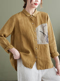 woloong Vintage Long Sleeves Loose Embroidered Lapel Collar Blouses&Shirts Tops