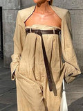 woloong Buttoned Long Sleeves Collarless Outerwear Top + Wide Leg Belted Jumpsuits Two Pieces Set