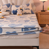1pc Thickened Velvet Fitted Sheet For All Season, Soft Comfortable Autumn And Winter Bedding Love Cute Rabbit Print Mattress Protector, For Bedroom, Guest Room, With Deep Pocket, Fitted Bed Sheet Only