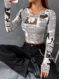 woloong Letter Print Skinny Long Sleeves Round-Neck T-Shirts Tops