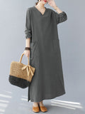 woloong Split-Side Solid Color Pockets Loose Long Sleeves V-Neck Maxi Dresses