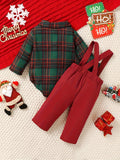 2PCS Christmas Baby Boy's Plaid Long Sleeve Collared Onesie & Suspender Pants, Cute Little Gentleman Two-Piece Outfit, Outdoor Cloth