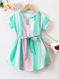 Girls Color Block Vertical Striped Short Sleeve Notch Neck Curved Hem Dress With Belt Kids Summer Clothes