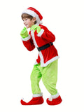 Kids Polyester Santa Elf Outfit with Green Monster Pants, Long Sleeve, Traditional Christmas Party Roleplay Apparel with Cardigan Collar - Knit Fabric & Slight Stretch for All Seasons