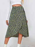 woloong Tied Waist Split-Front Printed Loose High-Low Skirts Bottoms