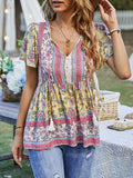 woloong Tied Tasseled Split-Joint Flower Print Buttoned Short Sleeves Loose V-Neck T-Shirts Tops