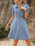 Knee-length Jean Dress - Relaxed Casual Style with Classic Button Down Front and Comfortable Short Sleeves - Designed for Women, Perfect for Summer Outings and Everyday Wear