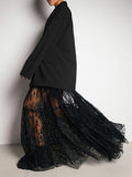 woloong Split-Joint See-Through Mesh Jacquard Hollow Elasticity Loose High Waisted Skirts Bottoms