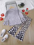 2pcs Girl's Christmas Style Outfit, Trumpet Sleeve Top & Leopard Plaid Pattern Flared Pants Set, Toddler Kid's Clothes For Spring Fall outdoors