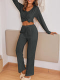 woloong V-Neck Long Sleeves Loose Solid Color Shirt Top + Pants Bottom Pajama Sets