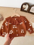 Adorable Cherry Pattern Ruffle Decor Knitted Cardigan - Soft Cotton, Casual Button Down, Toddler & Infant Girl's Fall Winter Sweater - Perfect for Daily Wear, Photoshoots, and Special Occasions