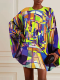 woloong Batwing Sleeves Long Sleeves Buttoned Hollow Printed Round-Neck Mini Dresses