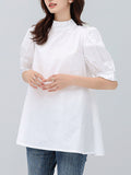 woloong Solid Color Pleated Bowknot Loose Half Sleeves Mock Neck Blouses&Shirts Tops