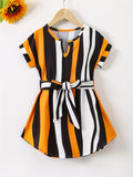 Girls Color Block Vertical Striped Short Sleeve Notch Neck Curved Hem Dress With Belt Kids Summer Clothes