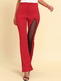 woloong Zipper Split-Joint Mesh Asymmetric High Waisted Pants Flared Trousers