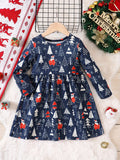 Adorable Reindeer Graphic Crew Neck Long Sleeve Dress for Kids - Soft, Comfortable, and Stylish Fall Christmas Outfit for Girls - Perfect for Holiday Parties and Casual Wear