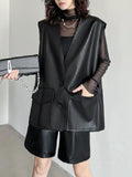 woloong Solid Color Pockets Buttoned Sleeveless Loose V-neck Vest Outerwear