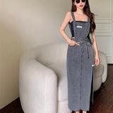 Split Side Plain Washed Grey Retro Style Denim Overall Dress, Women's Denim Jeans & Clothing