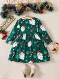 Girls Cute & Sweet Long Sleeve Allover Cartoon Christmas Elements Pattern Dress For Spring & Fall, As Christmas Gifts