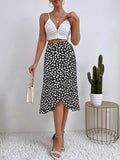 woloong Tied Waist Split-Front Printed Loose High-Low Skirts Bottoms