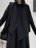 woloong Split-Joint Split-Front Solid Color Asymmetric Loose Long Sleeves Round-Neck T-Shirts