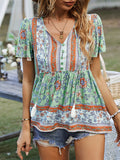woloong Tied Tasseled Split-Joint Flower Print Buttoned Short Sleeves Loose V-Neck T-Shirts Tops