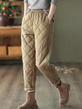 woloong Casual Loose Quilted Solid Color Padded Harem Pants