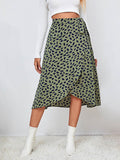woloong Tied Waist Split-Front Printed Loose High-Low Skirts Bottoms