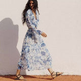 woloong Flared Sleeves Loose Flower Print Split-Joint Split-side Deep V-Neck Midi Dresses