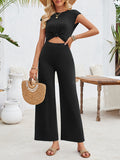 woloong Tied Solid Color Knot Hollow Backless Wide Pants Sleeveless Round-Neck Jumpsuits