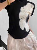 woloong Short Sleeves Skinny Flower Print High Neck T-Shirts Tops