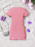 Girls' Ribbed Knit Solid Color Round Neck Dress with Butterfly Applique, Casual Style, Purple - Kids' Fashion Clothing