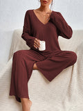 woloong V-Neck Long Sleeves Loose Solid Color Shirt Top + Pants Bottom Pajama Sets