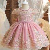 Adorable Baby Girls Crew Neck Tutu Party Dress - Flower Embroidered, Non-Stretch Polyester, Regular Fit, Hand Washable, Random Print, All-Season Wear for Wedding, Formal Occasions and Birthday Celebrations