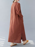 woloong Split-Side Solid Color Pockets Loose Long Sleeves V-Neck Maxi Dresses