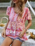 woloong Tied Tasseled Split-Joint Flower Print Buttoned Short Sleeves Loose V-Neck T-Shirts Tops