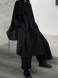 woloong Split-Joint Split-Front Solid Color Asymmetric Loose Long Sleeves Round-Neck T-Shirts