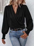 woloong Solid Color Elasticity Loose Long Sleeves V-Neck Blouses&Shirts Tops