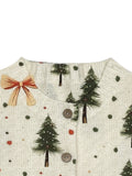 Women'S Festive 3D Printed Christmas Tree and Bow Cardigan, Crew Neck, Polyester Knit Sweater with Button Details for All Seasons