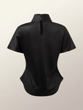 woloong Short Sleeves Skinny Flower Print High Neck T-Shirts Tops