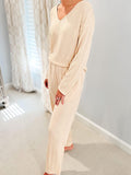 woloong V-Neck Long Sleeves Loose Solid Color Shirt Top + Pants Bottom Pajama Sets